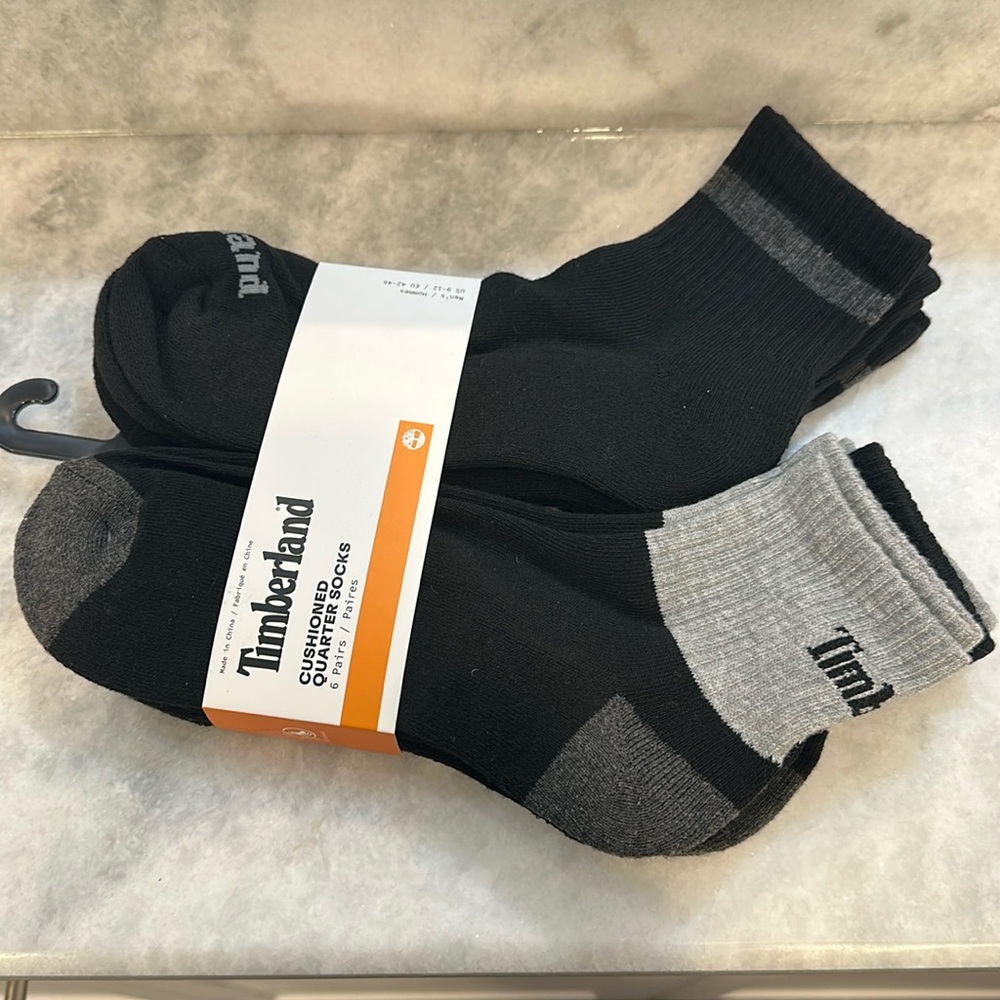 Timberland Men's Performance Cushioned Quarter Socks 6 Pack Sz 9-12 Black & Gray